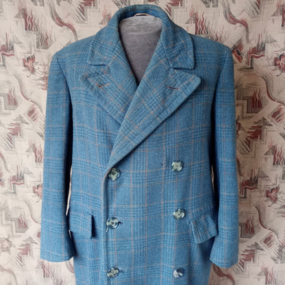 Vintage Mens 1940s CC41 Mens Double Breasted Overcoat Coat Teal Blue Glen Check Wool DB M