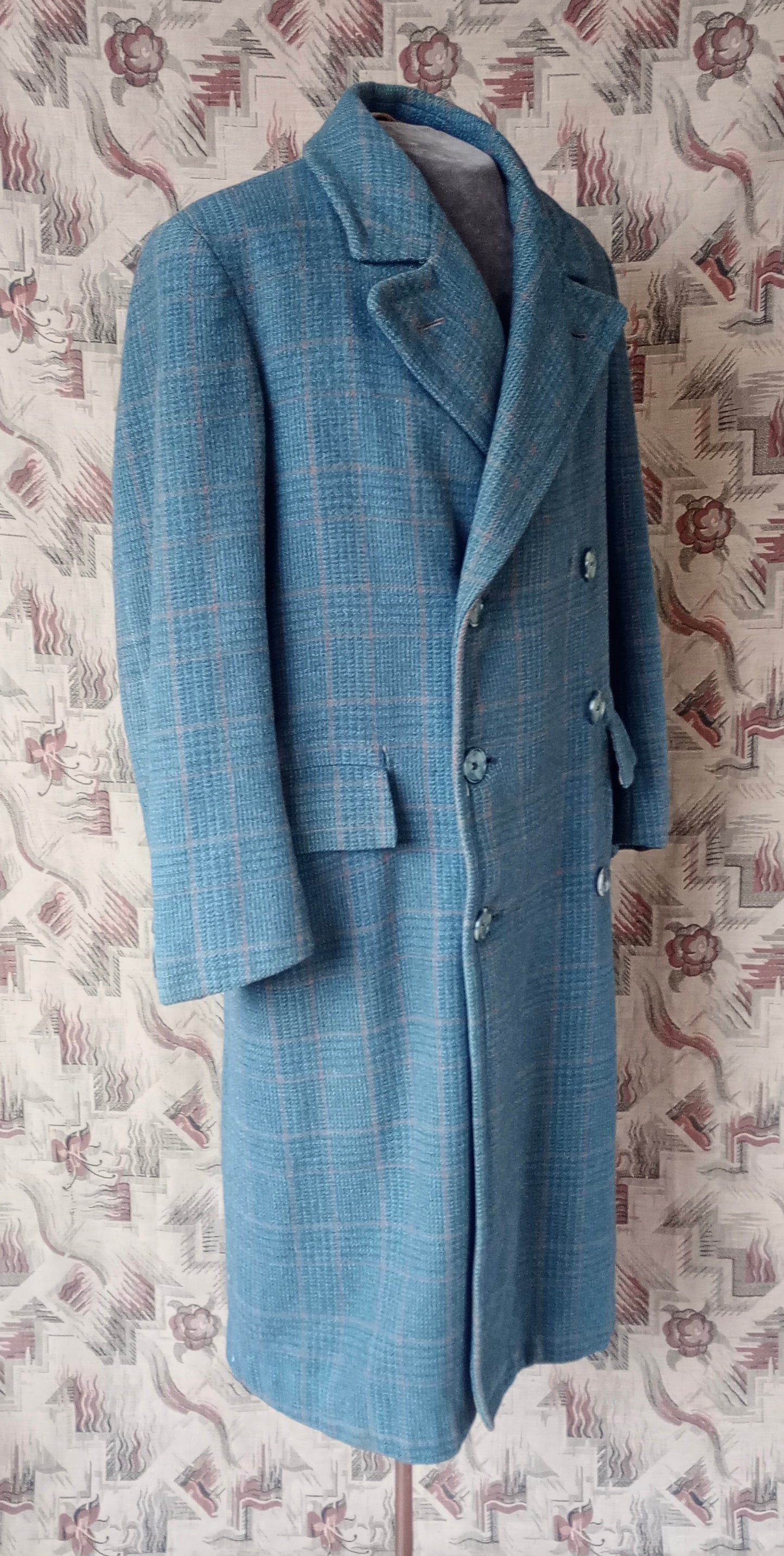 Vintage Mens 1940s CC41 Mens Double Breasted Overcoat Coat Teal Blue Glen Check Wool DB M