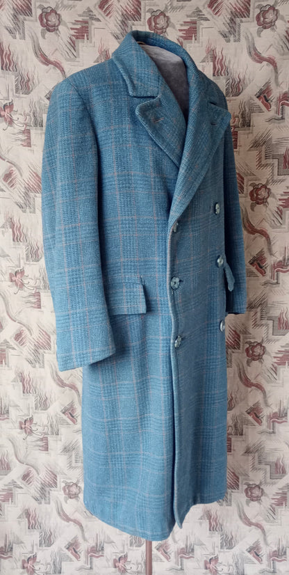 Vintage Mens 1940s CC41 Mens Double Breasted Overcoat Coat Teal Blue Glen Check Wool DB M