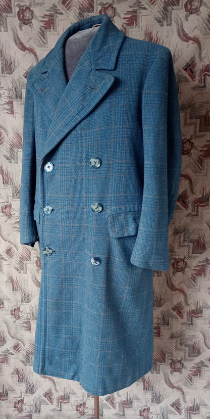 Vintage Mens 1940s CC41 Mens Double Breasted Overcoat Coat Teal Blue Glen Check Wool DB M