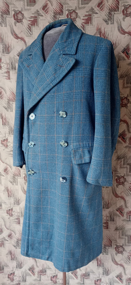 Vintage Mens 1940s CC41 Mens Double Breasted Overcoat Coat Teal Blue Glen Check Wool DB M