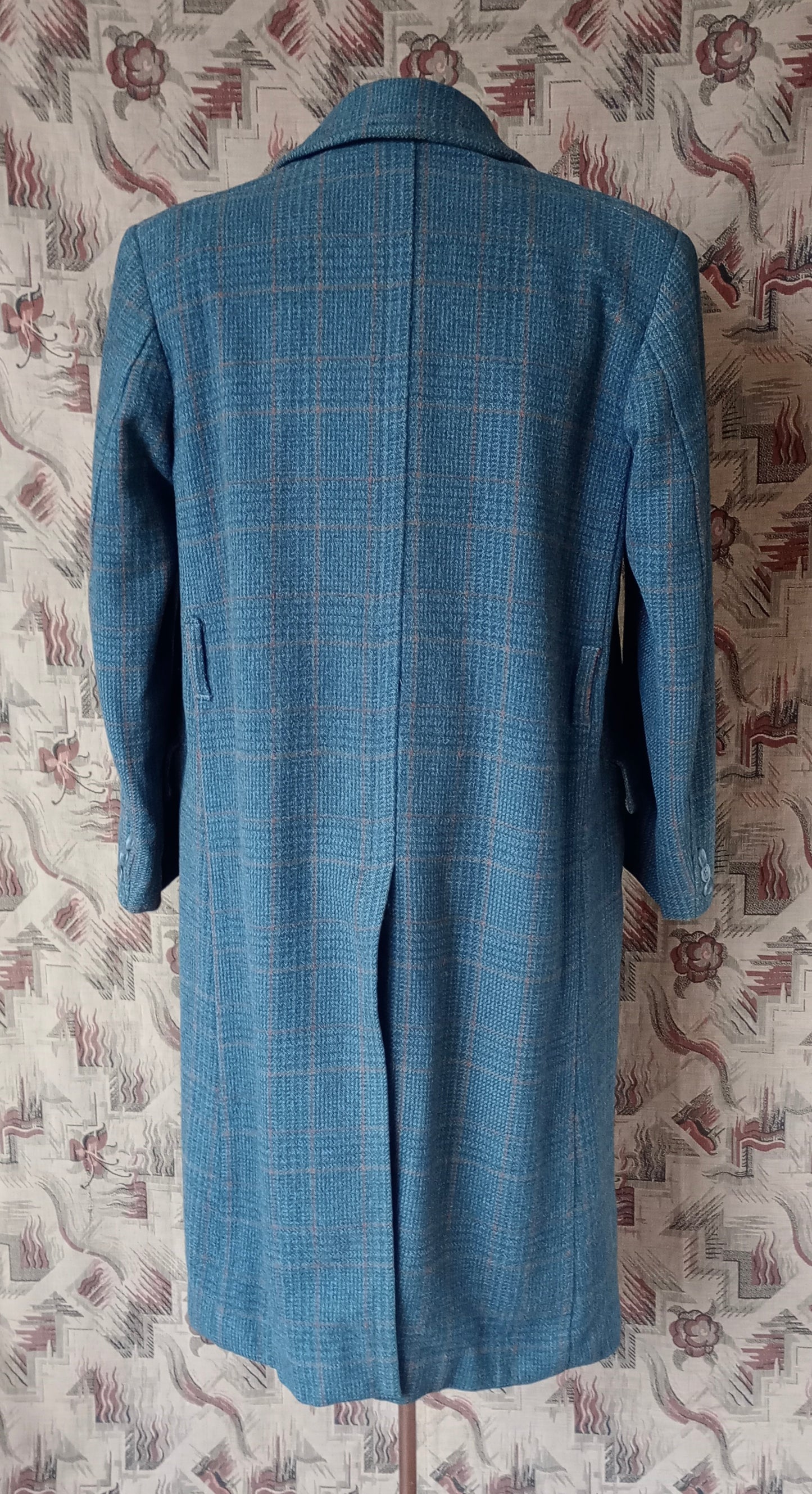 Vintage Mens 1940s CC41 Mens Double Breasted Overcoat Coat Teal Blue Glen Check Wool DB M