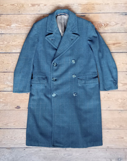 Vintage Mens 1940s CC41 Mens Double Breasted Overcoat Coat Teal Blue Glen Check Wool DB M