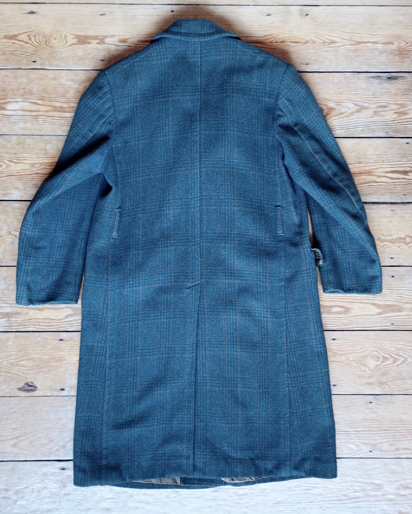 Vintage Mens 1940s CC41 Mens Double Breasted Overcoat Coat Teal Blue Glen Check Wool DB M