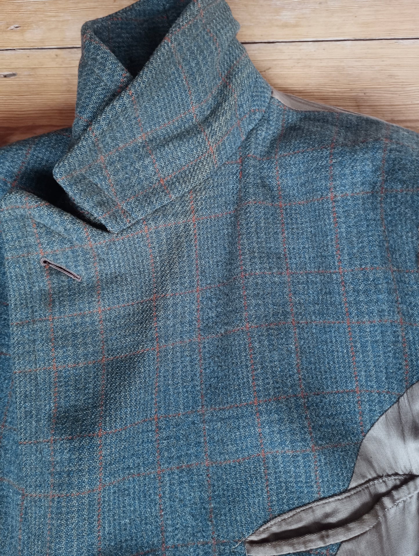 Vintage Mens 1940s CC41 Mens Double Breasted Overcoat Coat Teal Blue Glen Check Wool DB M