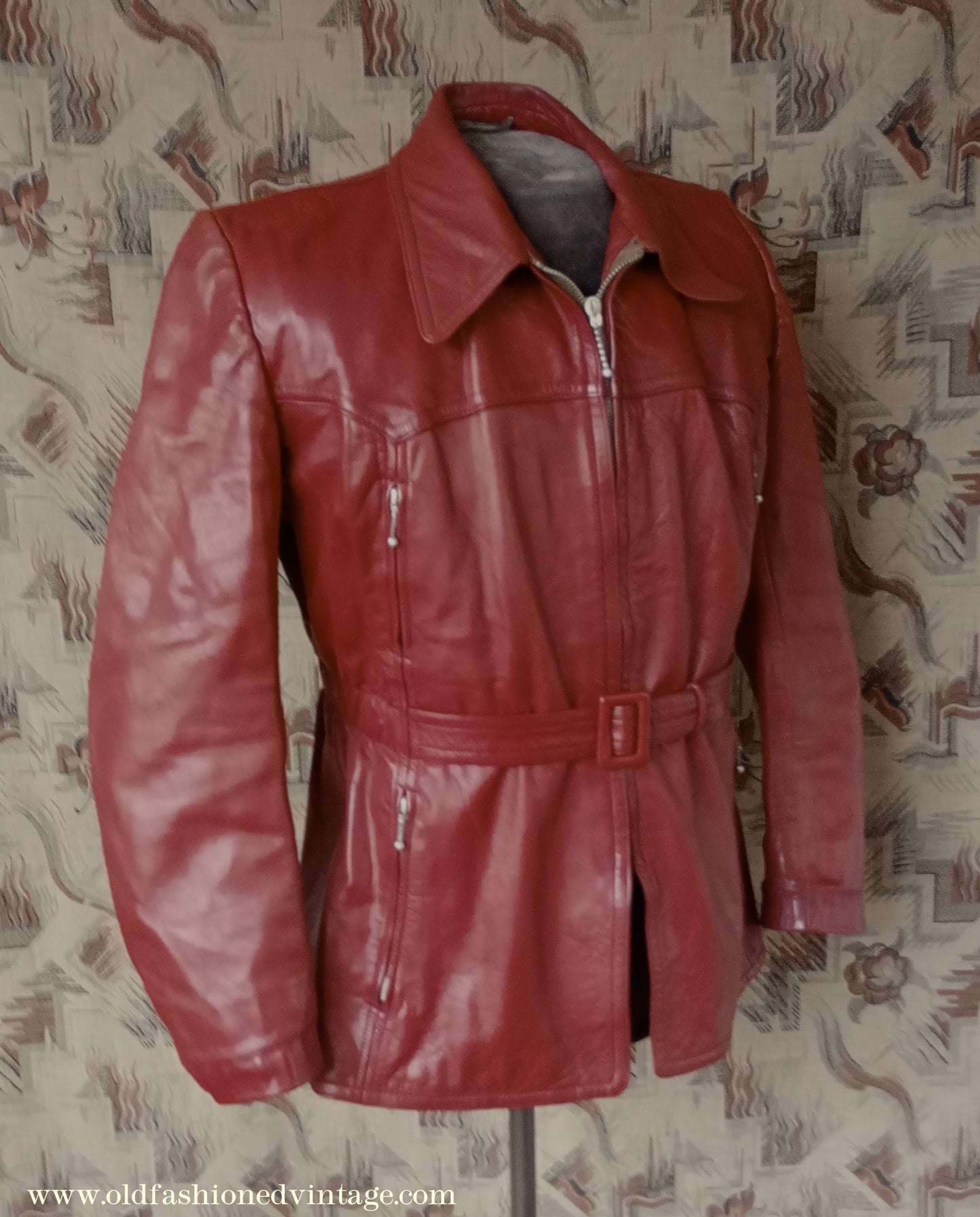 Rare Vintage 1940s 50s Red Leather Jacket Belted Zip Pockets UK S/M