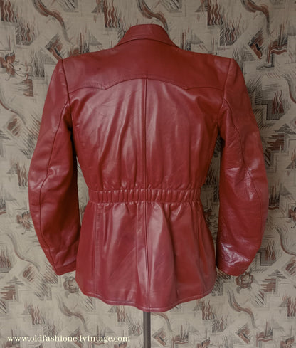 Rare Vintage 1940s 50s Red Leather Jacket Belted Zip Pockets UK S/M