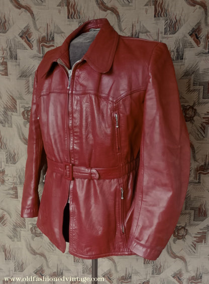 Rare Vintage 1940s 50s Red Leather Jacket Belted Zip Pockets UK S/M