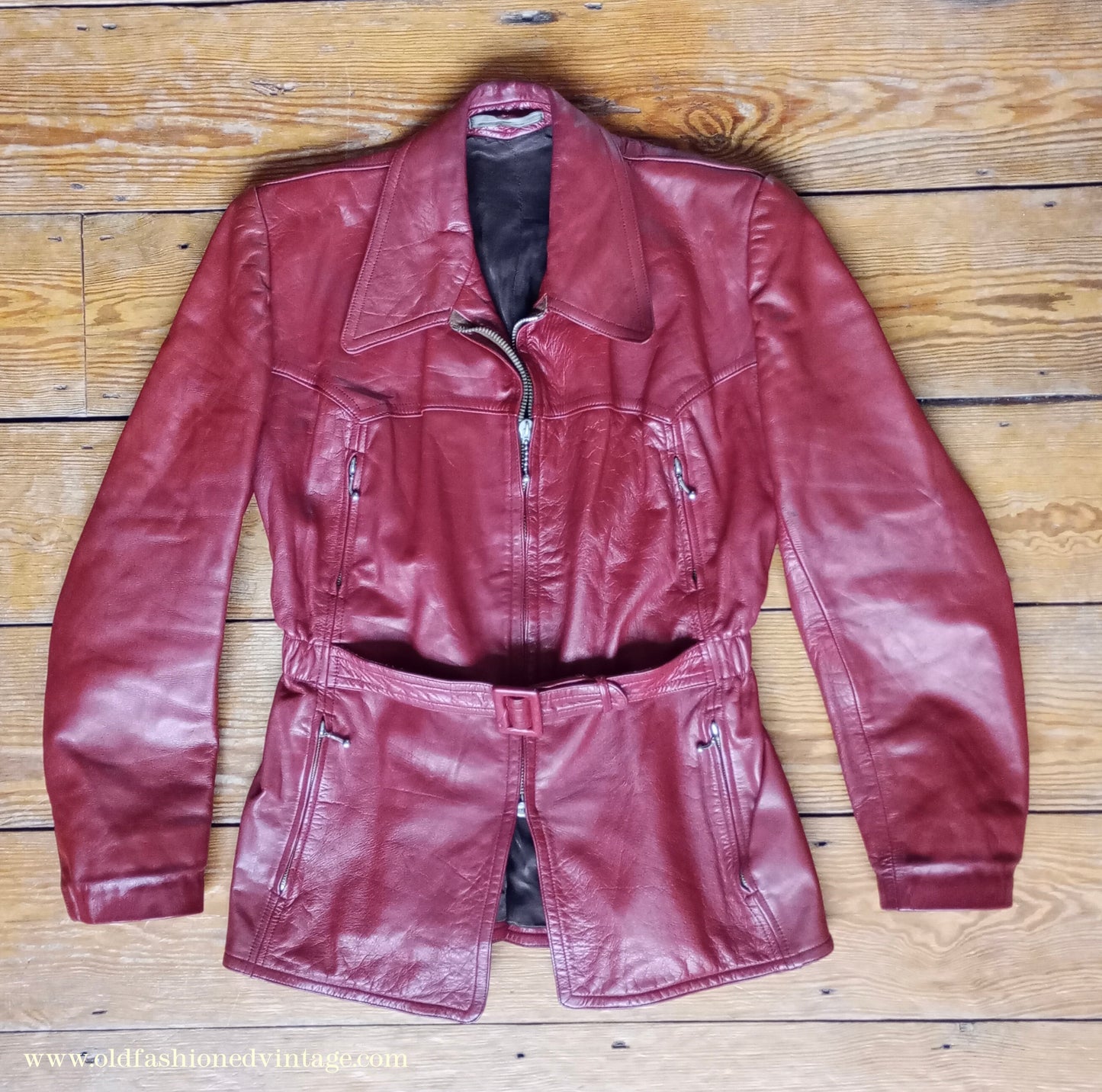 Rare Vintage 1940s 50s Red Leather Jacket Belted Zip Pockets UK S/M