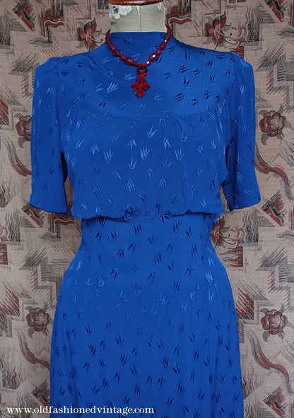 Original 1940s Vintage Dress Blue Rayon UK S