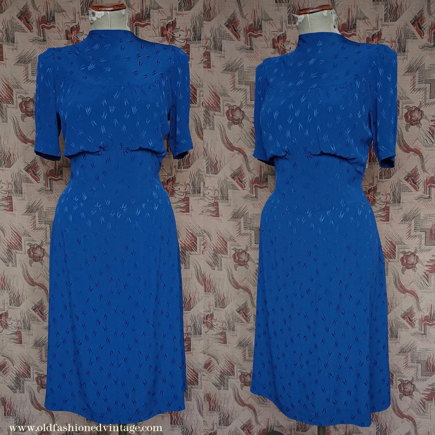 Original 1940s Vintage Dress Blue Rayon UK S