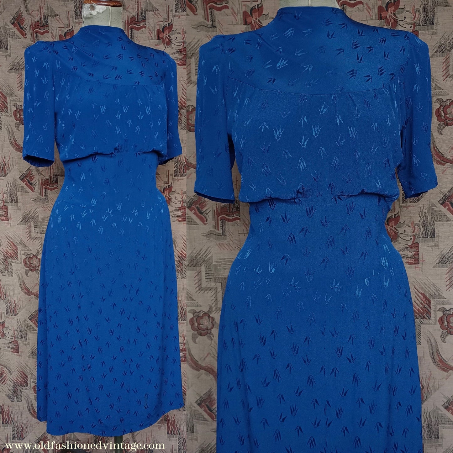 Original 1940s Vintage Dress Blue Rayon UK S