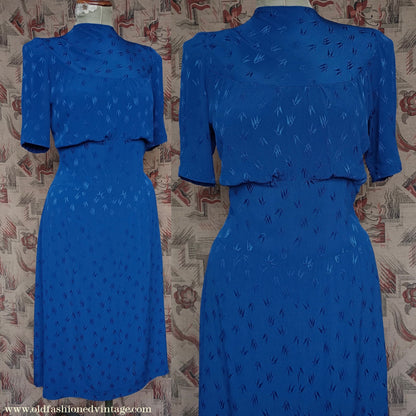 Original 1940s Vintage Dress Blue Rayon UK S