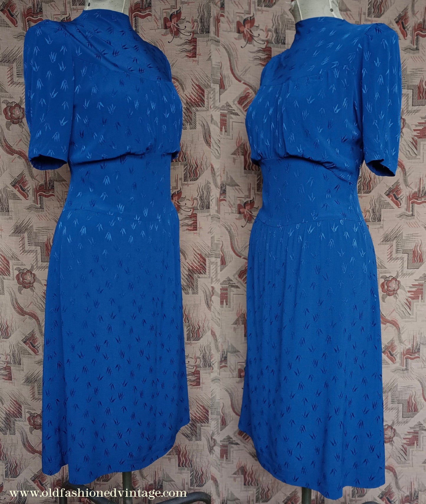 Original 1940s Vintage Dress Blue Rayon UK S