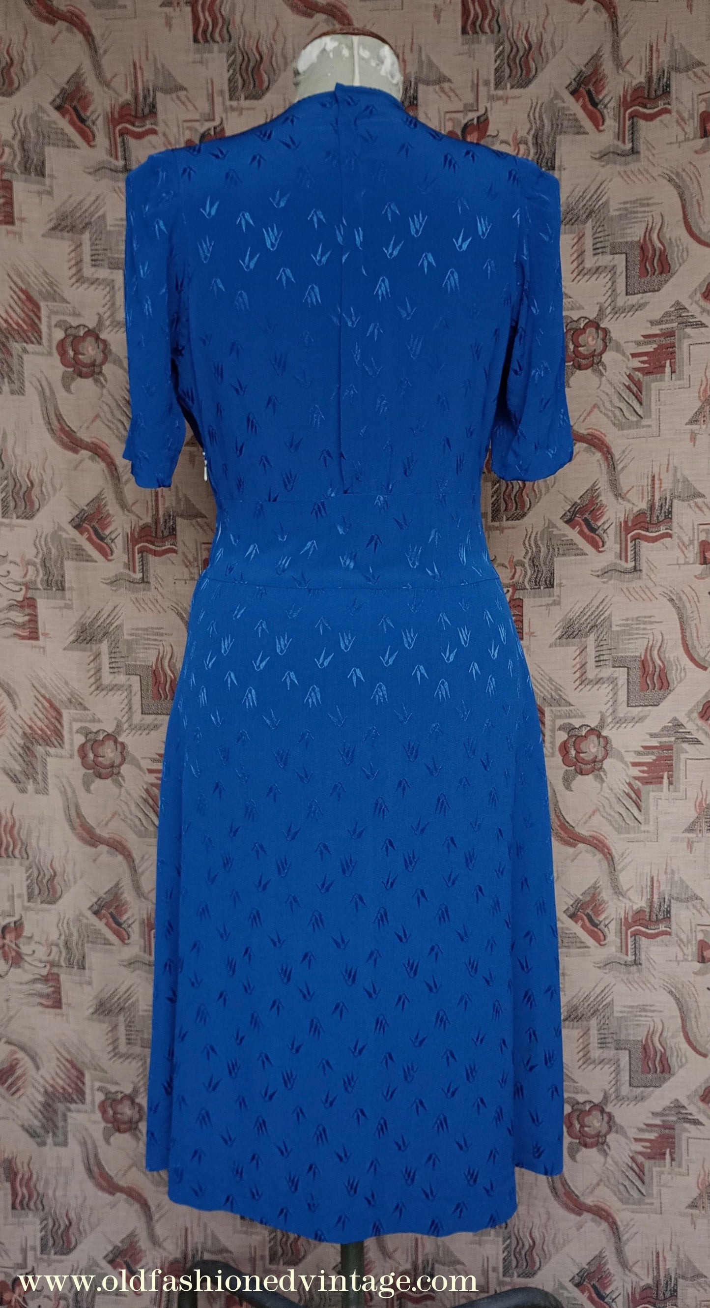 Original 1940s Vintage Dress Blue Rayon UK S