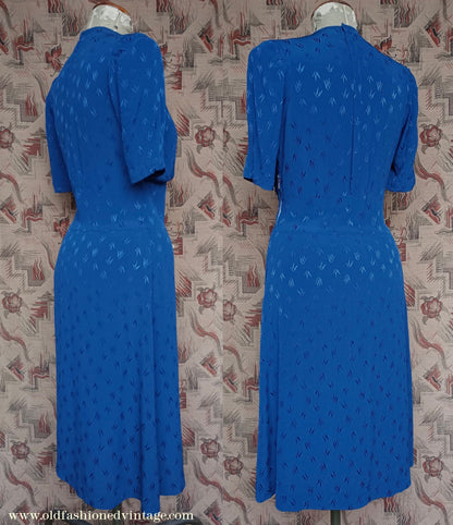 Original 1940s Vintage Dress Blue Rayon UK S