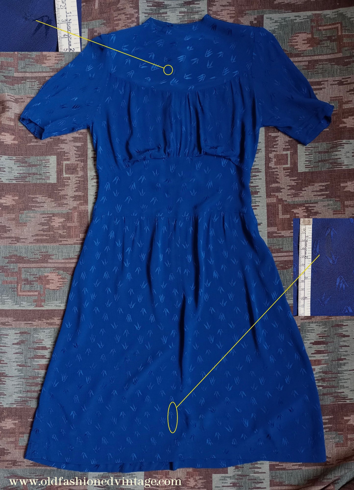 Original 1940s Vintage Dress Blue Rayon UK S