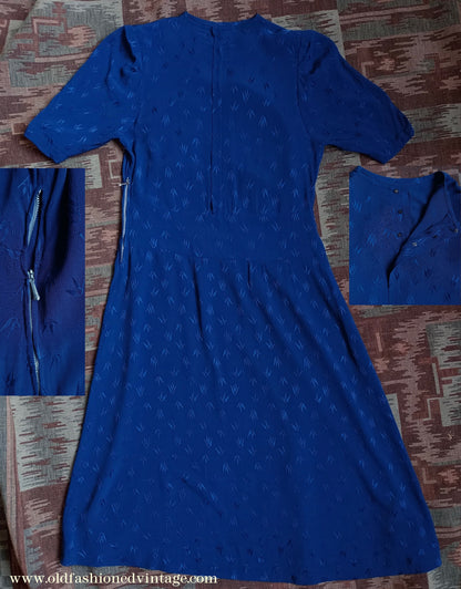 Original 1940s Vintage Dress Blue Rayon UK S