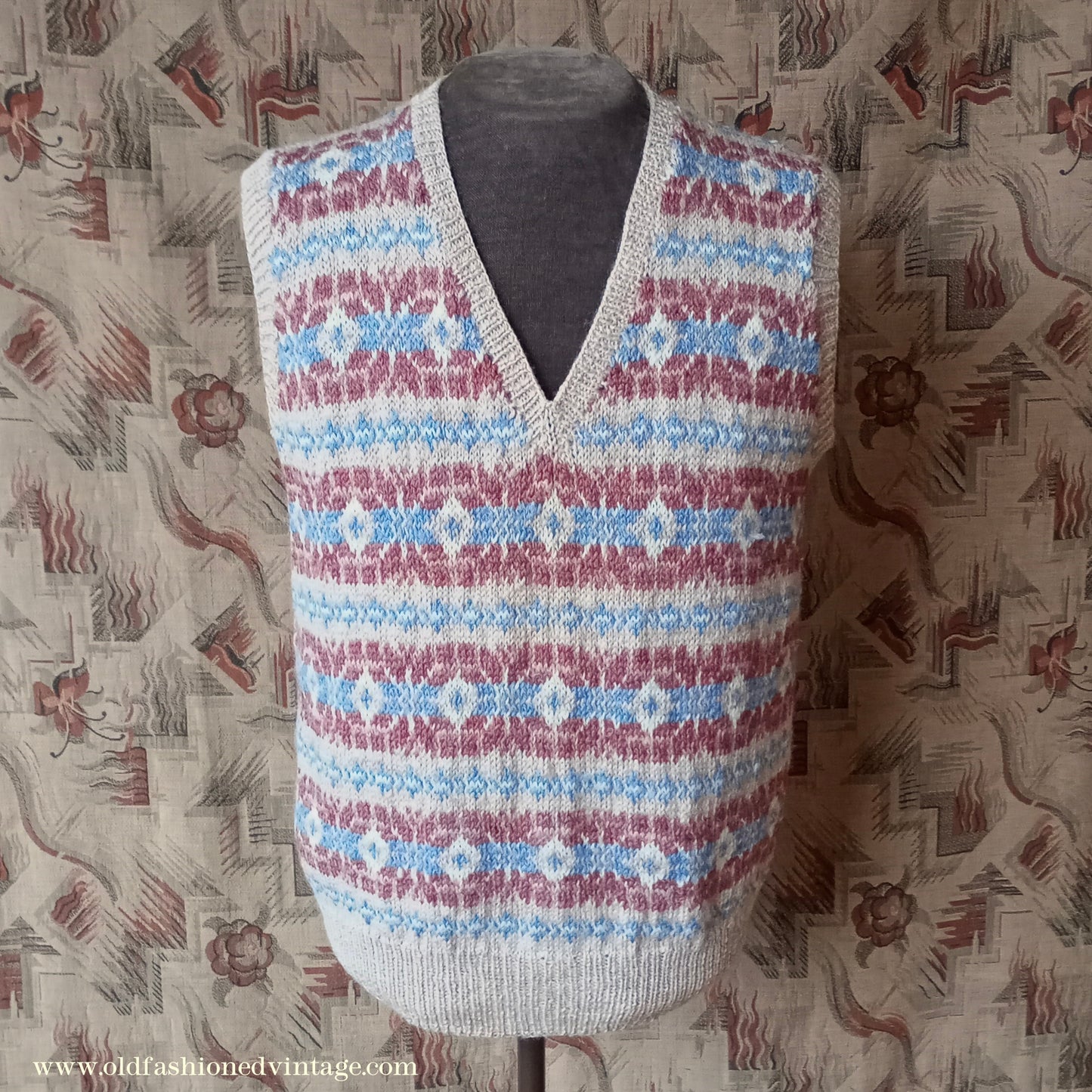 Vintage Mens Hand Knitted Fair Isle Slipover Sweater Vest Beige Blue Brown 1970s 1980s UK L