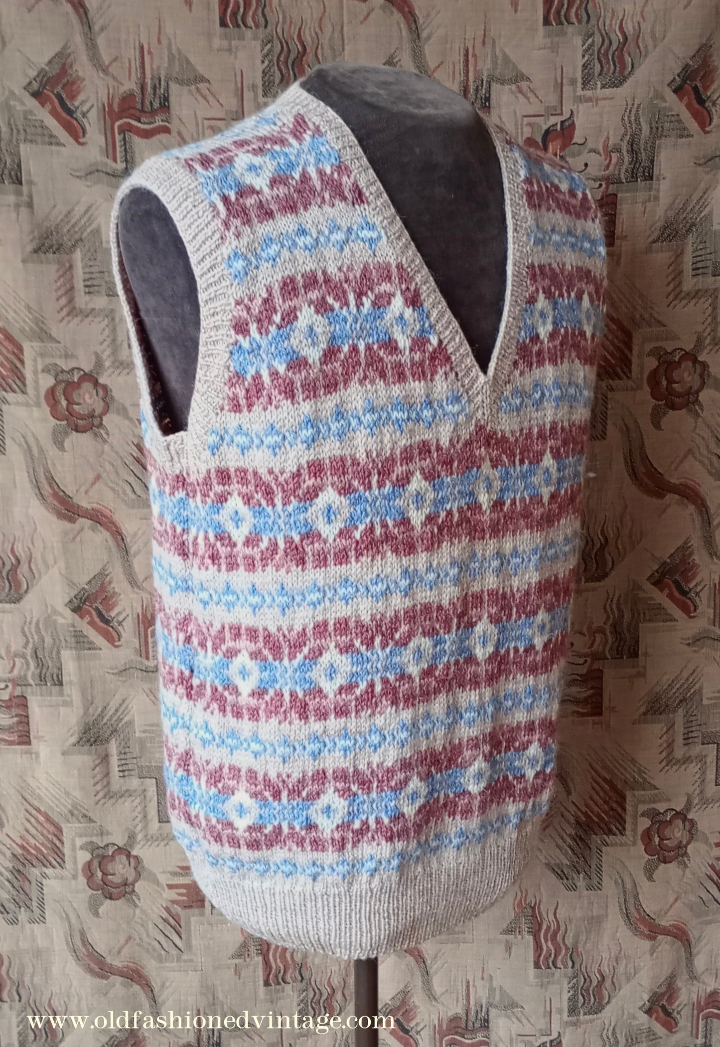 Vintage Mens Hand Knitted Fair Isle Slipover Sweater Vest Beige Blue Brown 1970s 1980s UK L