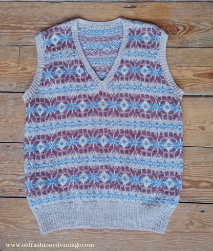 Vintage Mens Hand Knitted Fair Isle Slipover Sweater Vest Beige Blue Brown 1970s 1980s UK L