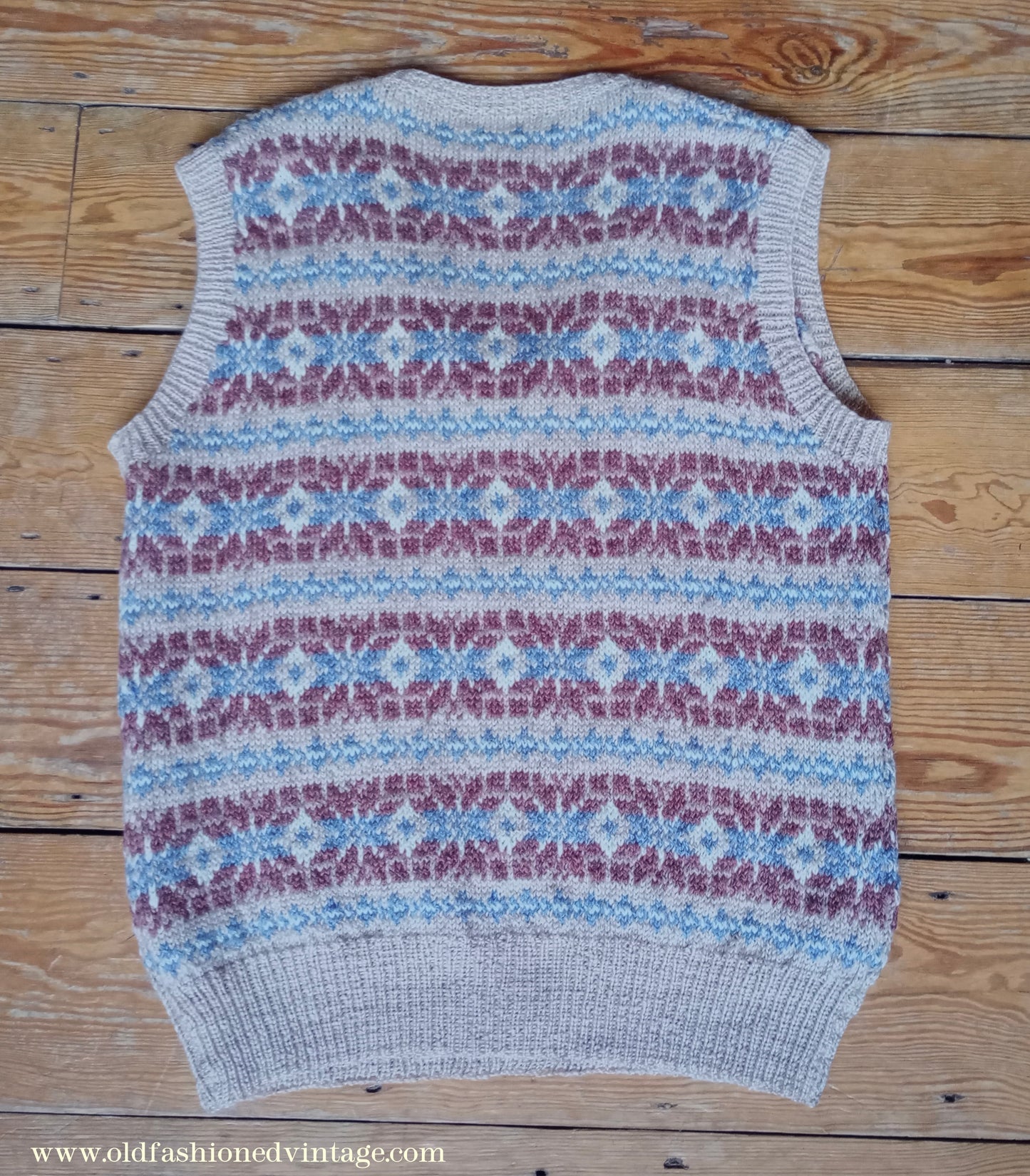 Vintage Mens Hand Knitted Fair Isle Slipover Sweater Vest Beige Blue Brown 1970s 1980s UK L