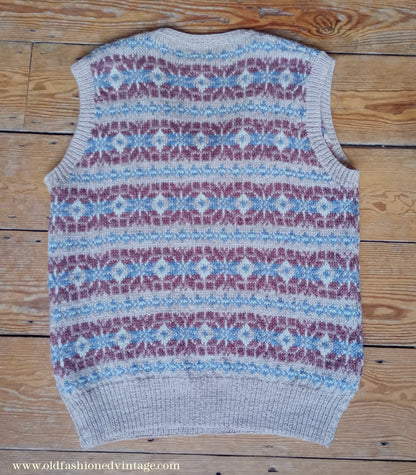 Vintage Mens Hand Knitted Fair Isle Slipover Sweater Vest Beige Blue Brown 1970s 1980s UK L