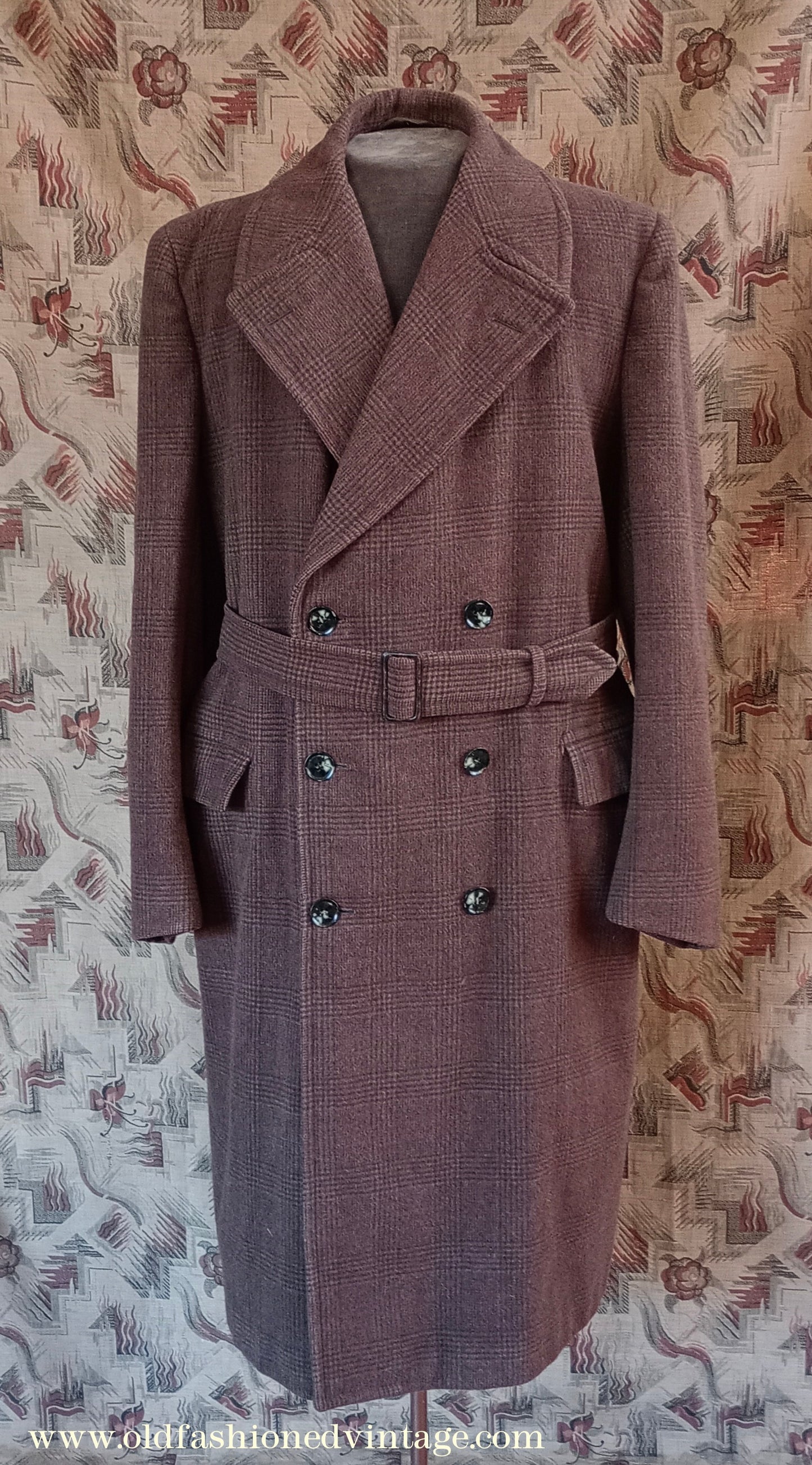 Vintage Mens 1950s Burton Double Breasted Overcoat Coat Brown Checked Wool DB Belted UK L XL