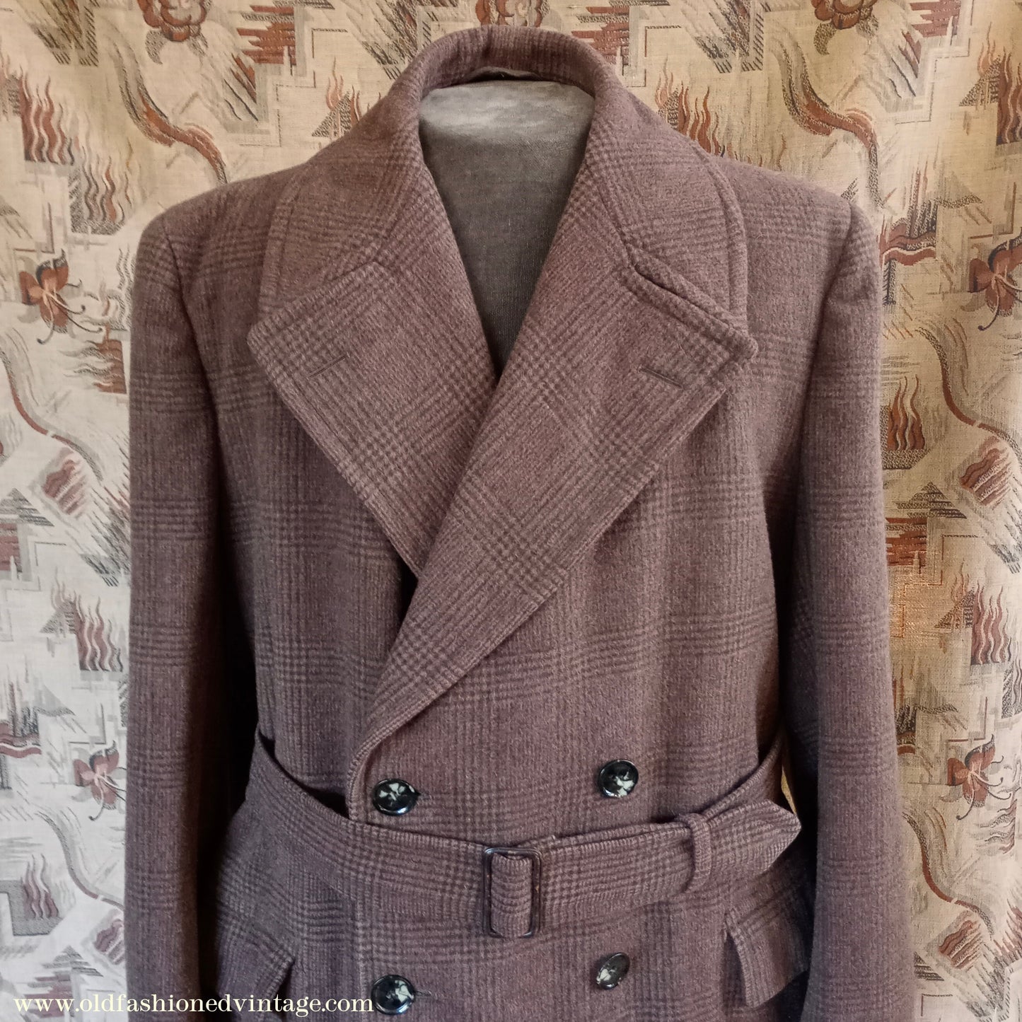 Vintage Mens 1950s Burton Double Breasted Overcoat Coat Brown Checked Wool DB Belted UK L XL