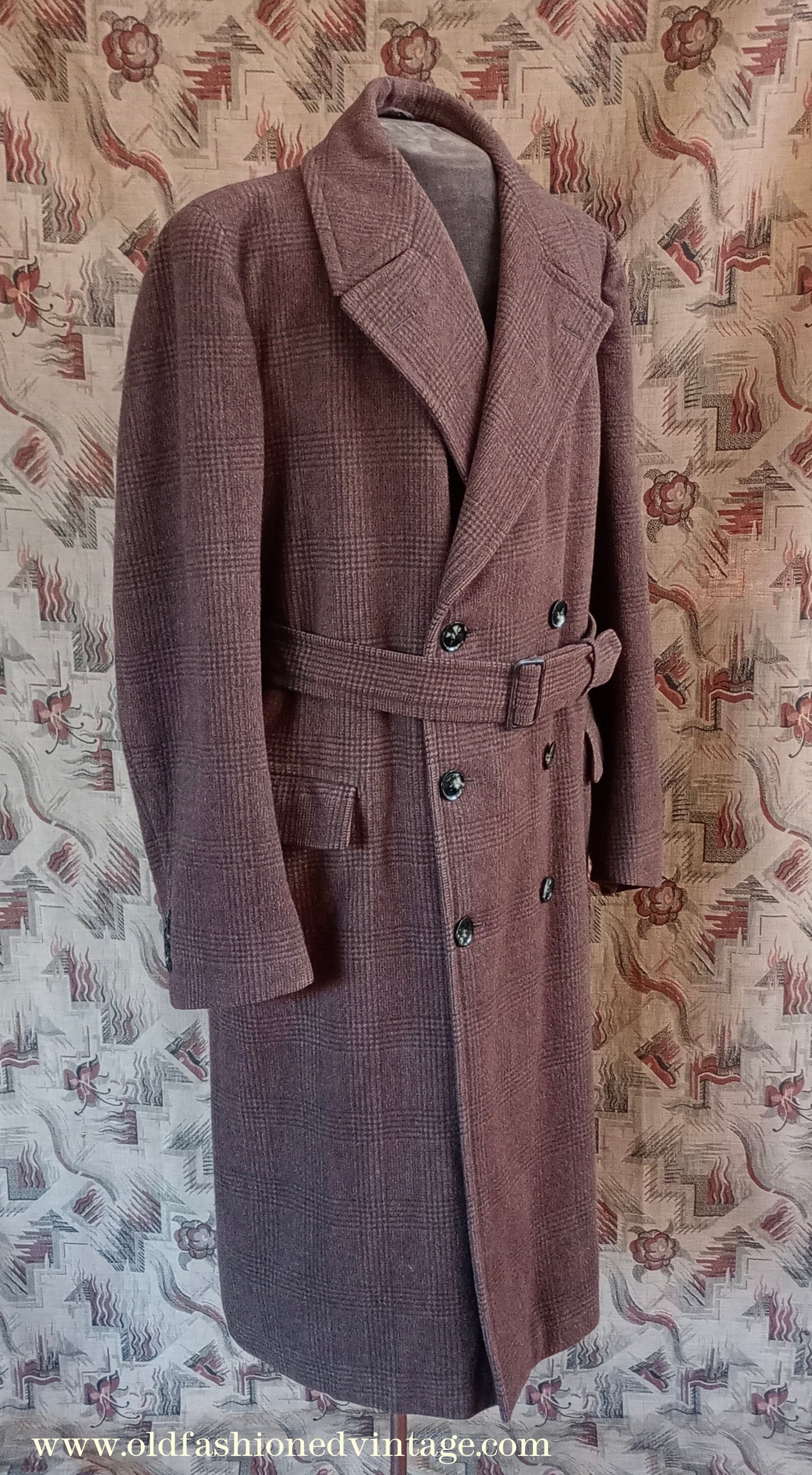 Vintage Mens 1950s Burton Double Breasted Overcoat Coat Brown Checked Wool DB Belted UK L XL