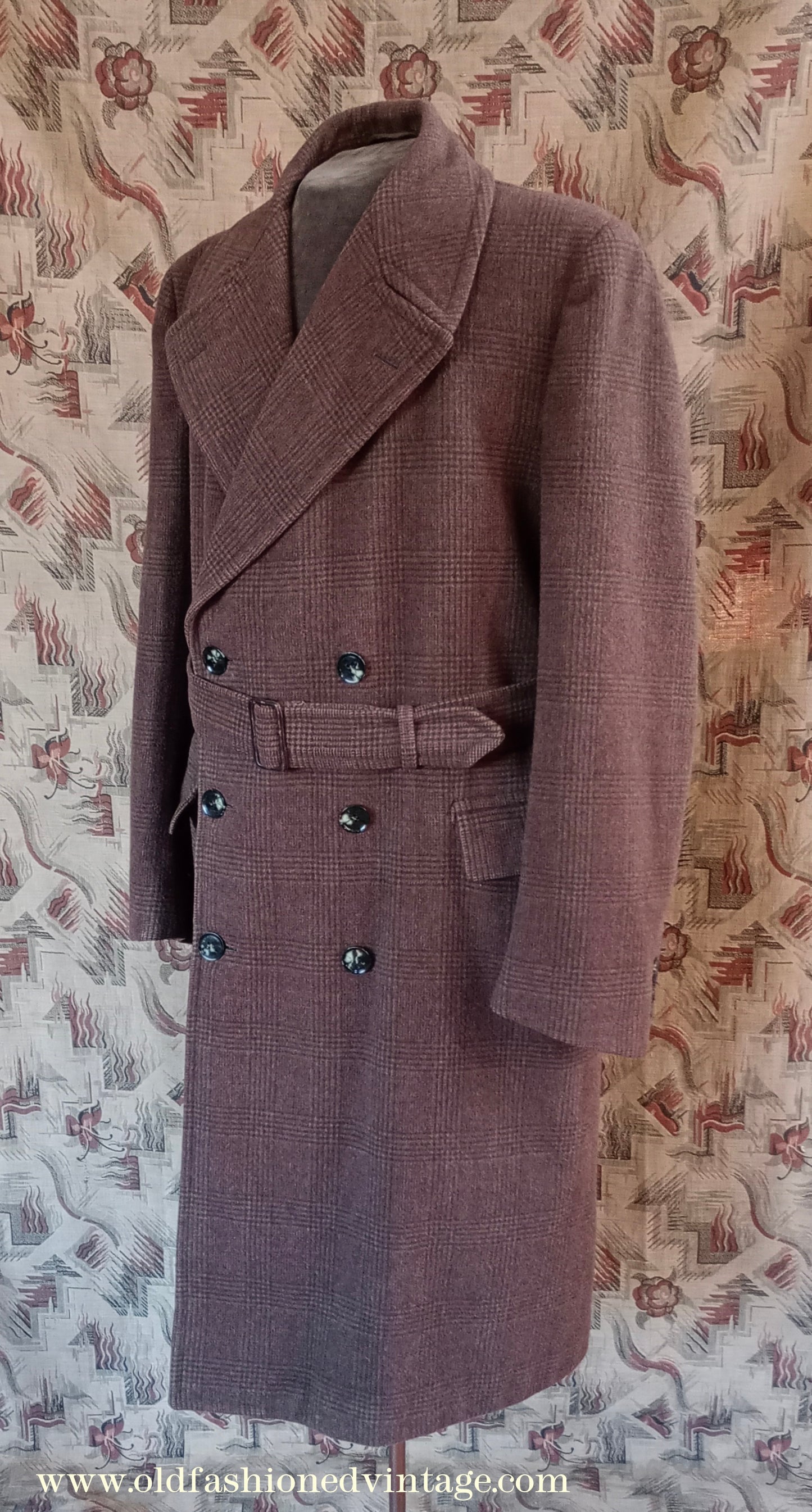 Vintage Mens 1950s Burton Double Breasted Overcoat Coat Brown Checked Wool DB Belted UK L XL