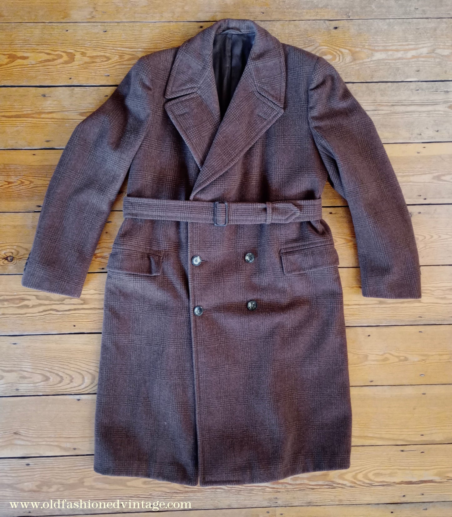 Vintage Mens 1950s Burton Double Breasted Overcoat Coat Brown Checked Wool DB Belted UK L XL