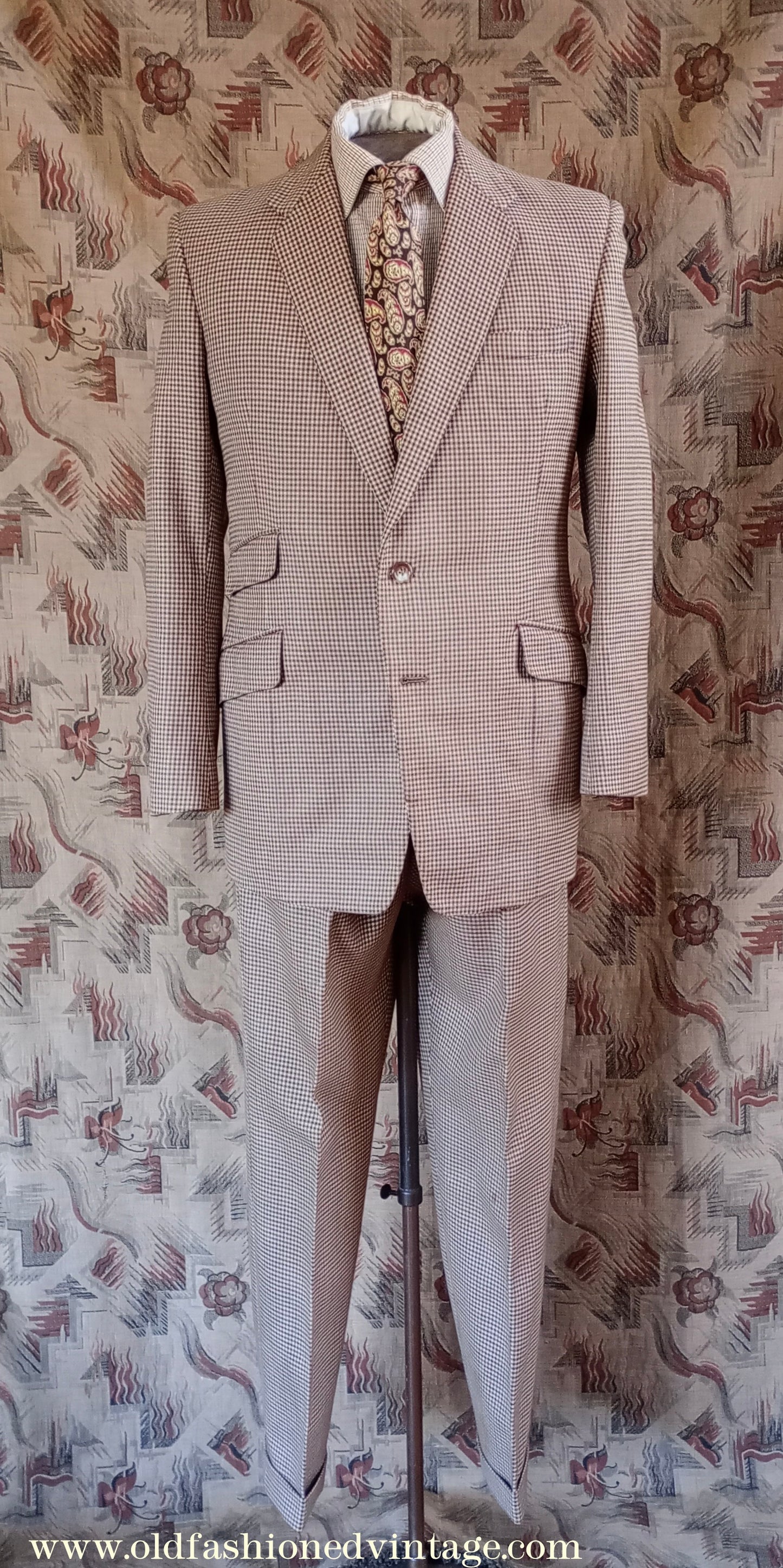 Vintage Mens 1950s Suit Brown Checked Wool 2 Piece 37"/38"