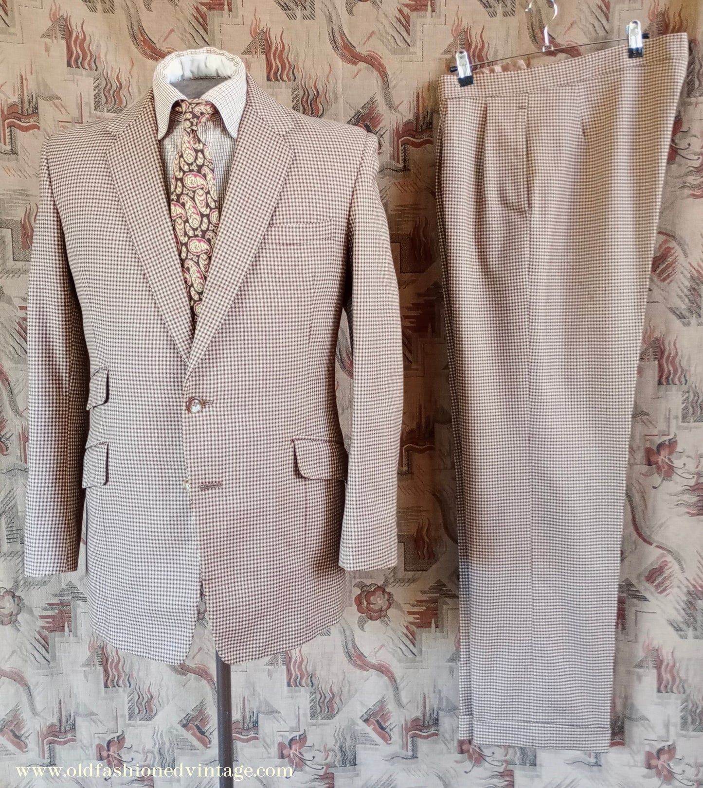 Vintage Mens 1950s Suit Brown Checked Wool 2 Piece 37"/38"