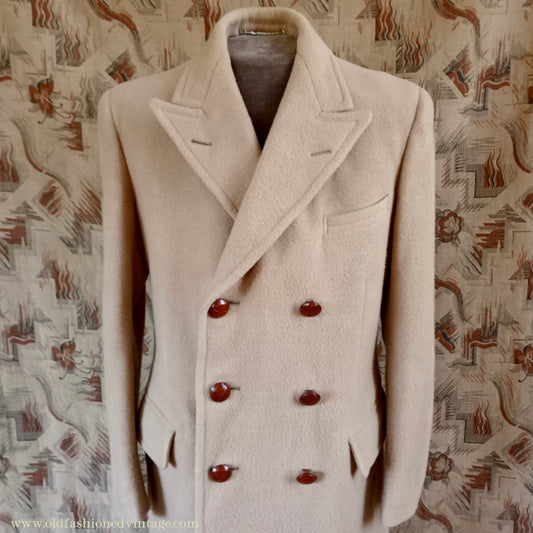 Vintage Mens 1950s British Warm Type Double Breasted Overcoat Coat Beige Wool UK S