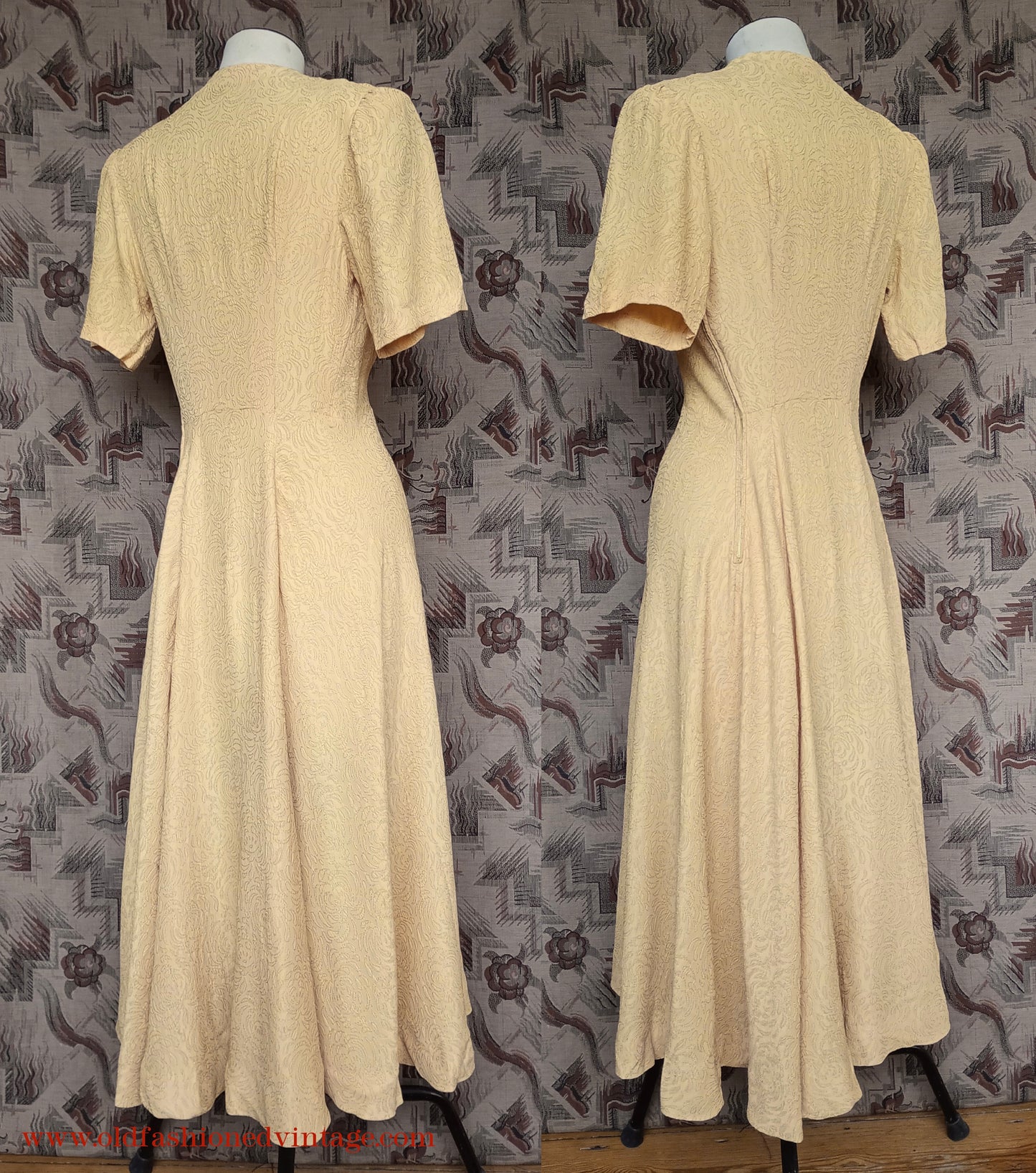 Vintage 1940s Dress Yellow Textured Rayon UK S