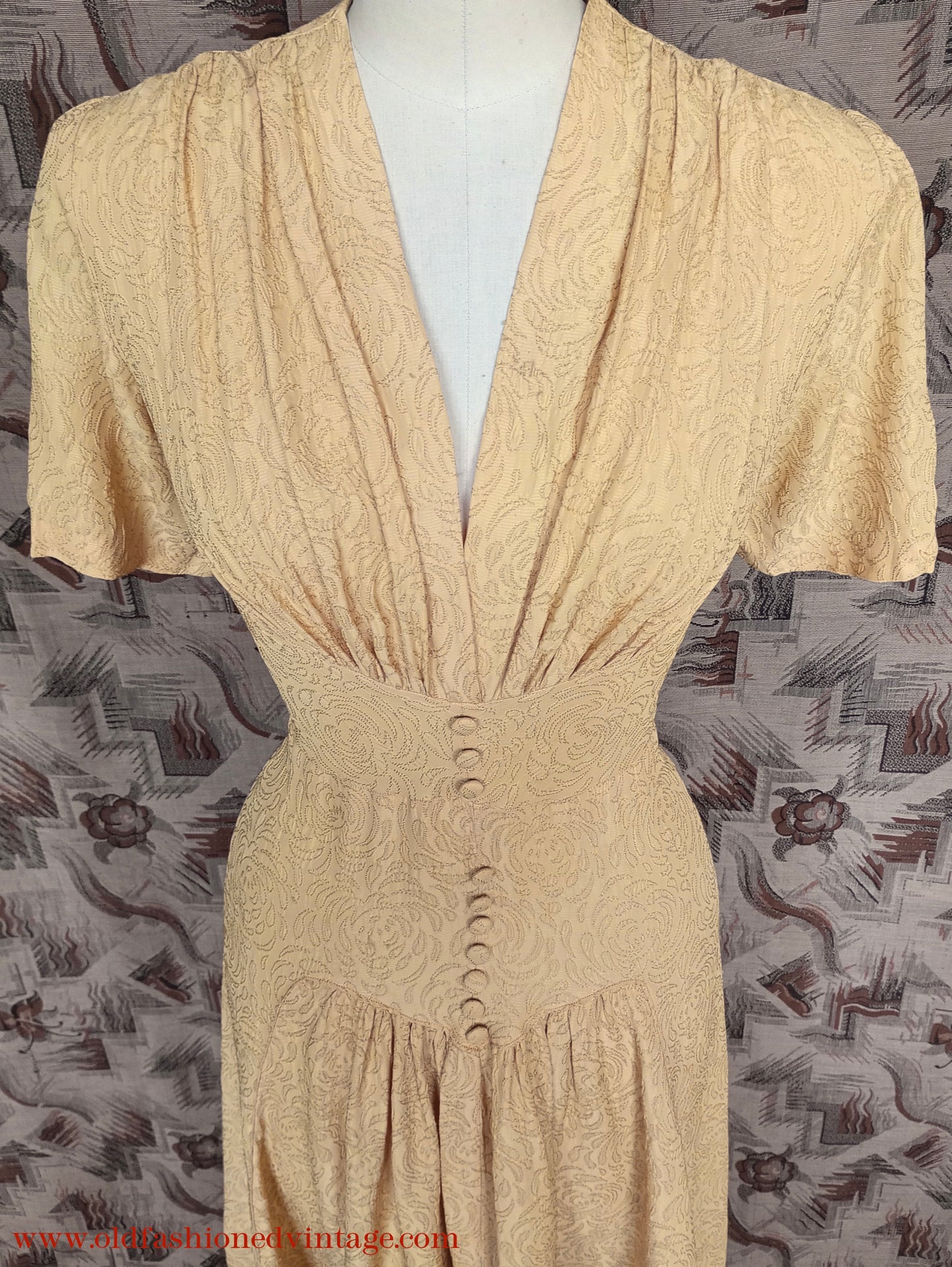 Vintage 1940s Dress Yellow Textured Rayon UK S