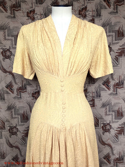 Vintage 1940s Dress Yellow Textured Rayon UK S