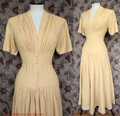 Vintage 1940s Dress Yellow Textured Rayon UK S