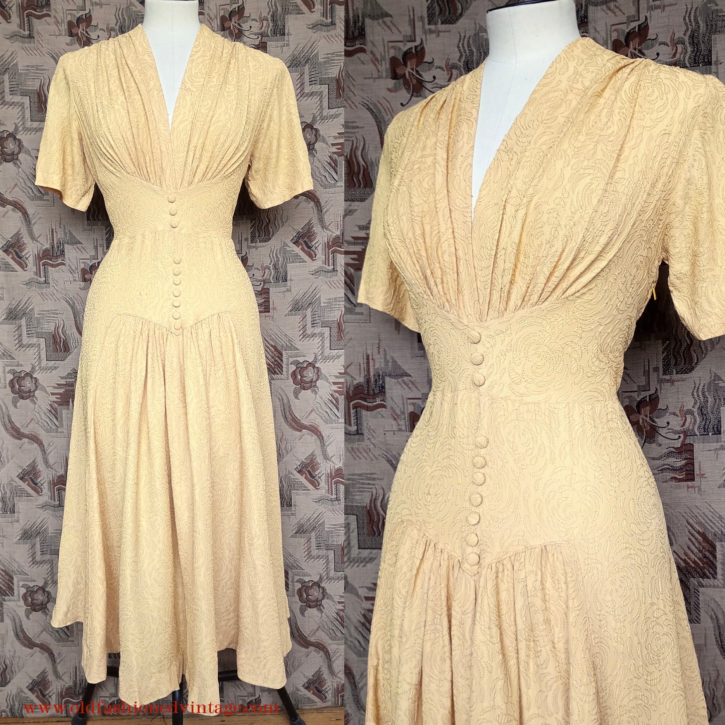 Vintage 1940s Dress Yellow Textured Rayon UK S