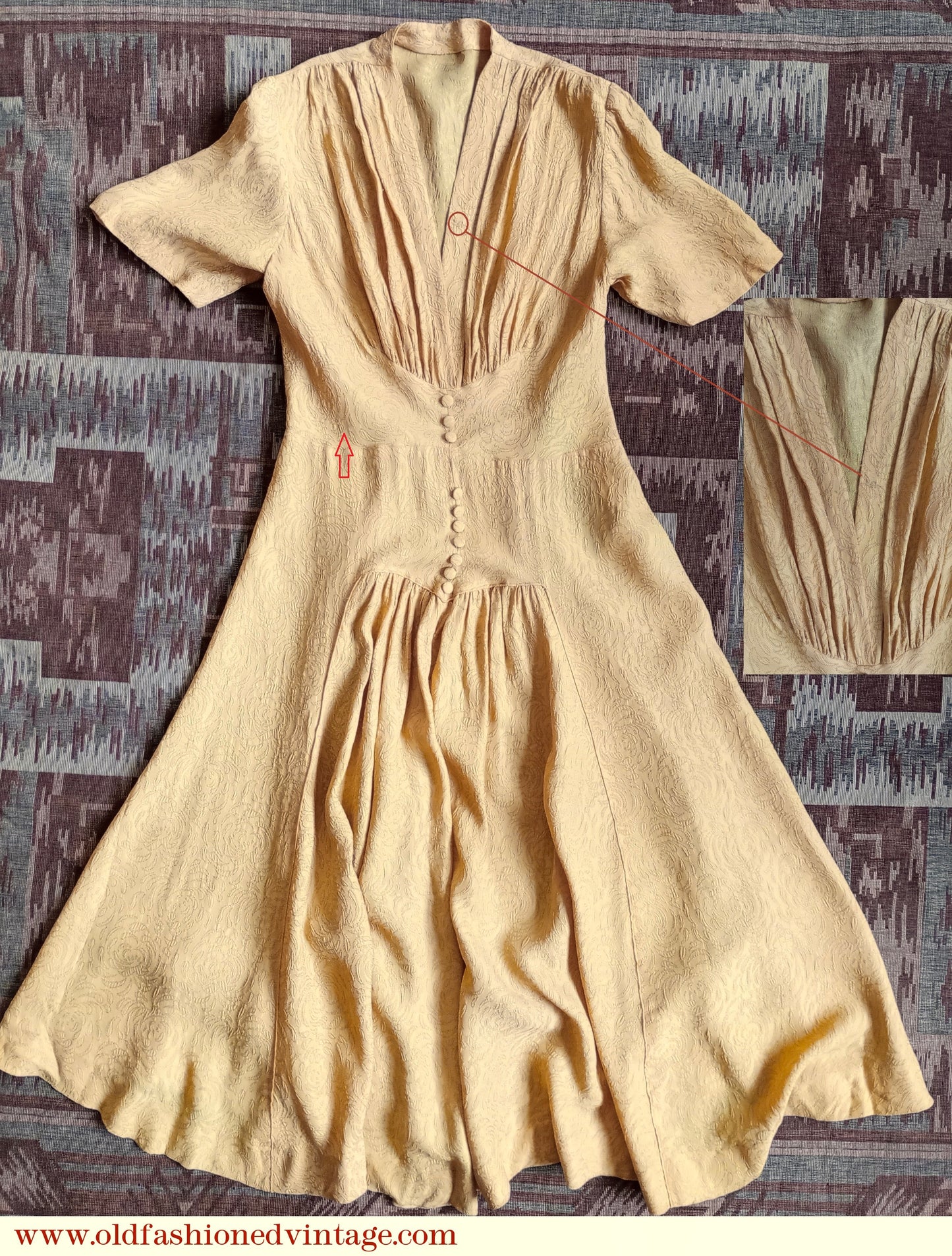 Vintage 1940s Dress Yellow Textured Rayon UK S