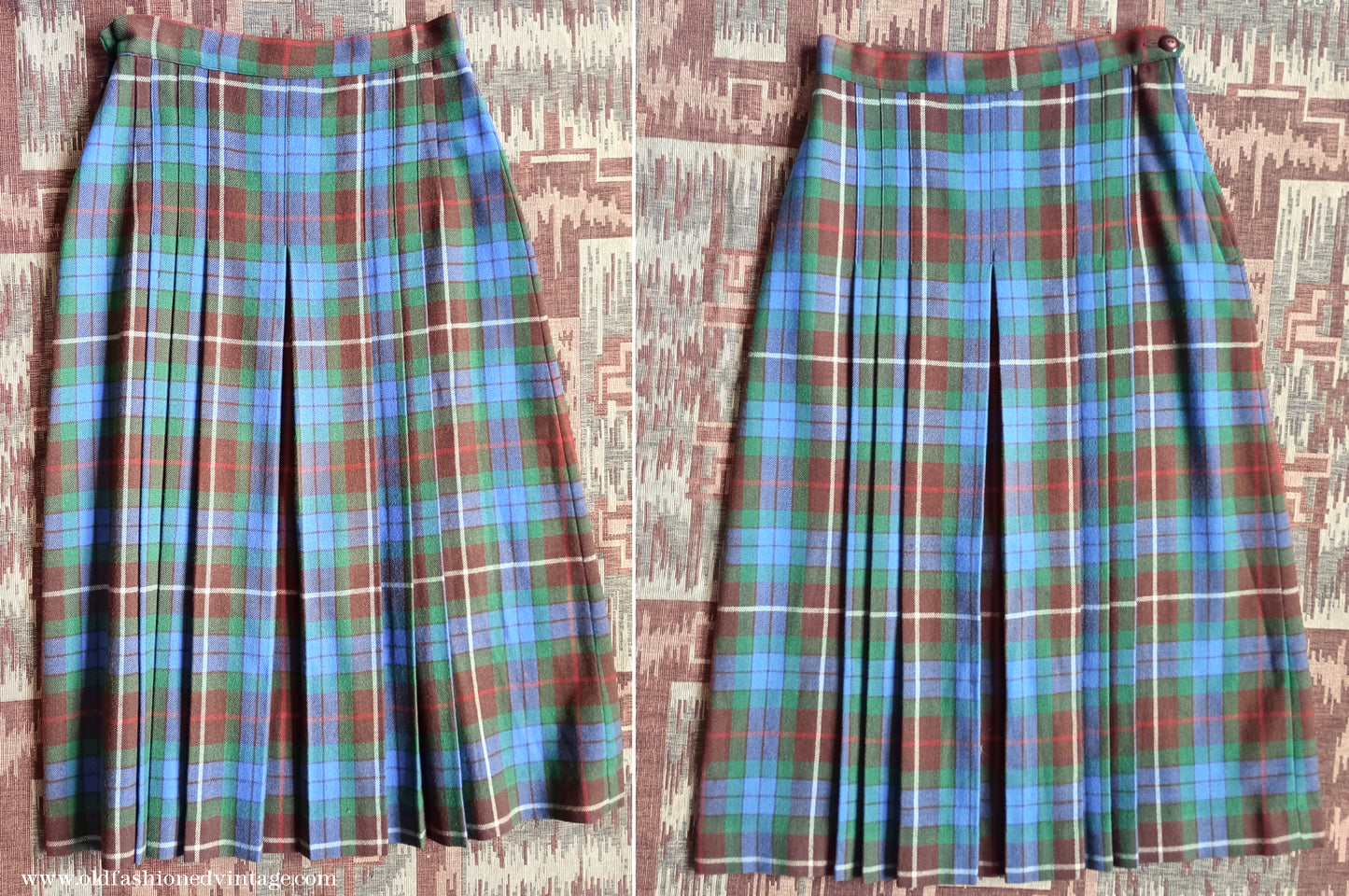 Vintage 1940s Suit Fraser Tartan Blue Green Wool Jacket Skirt UK S