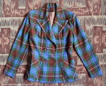 Vintage 1940s Suit Fraser Tartan Blue Green Wool Jacket Skirt UK S