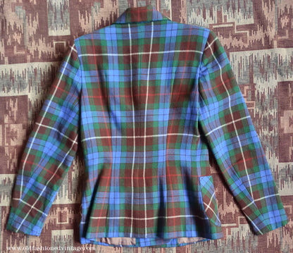 Vintage 1940s Suit Fraser Tartan Blue Green Wool Jacket Skirt UK S