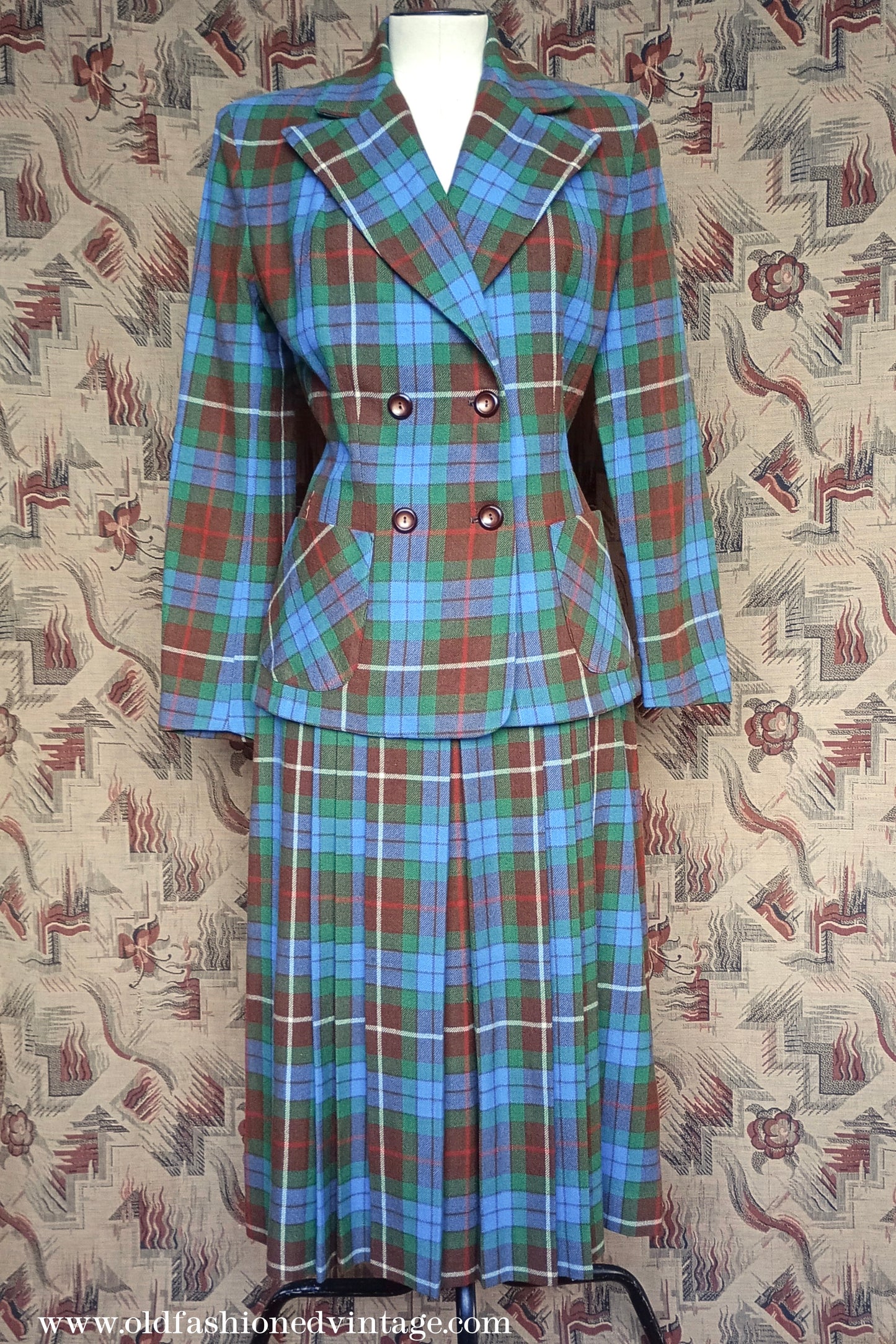 Vintage 1940s Suit Fraser Tartan Blue Green Wool Jacket Skirt UK S