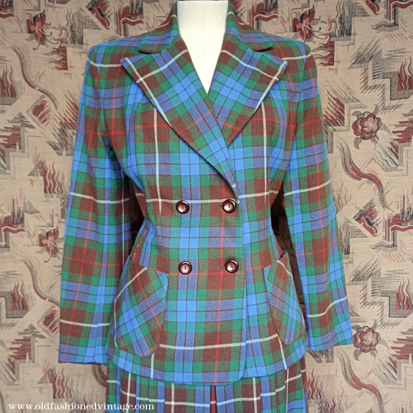 Vintage 1940s Suit Fraser Tartan Blue Green Wool Jacket Skirt UK S