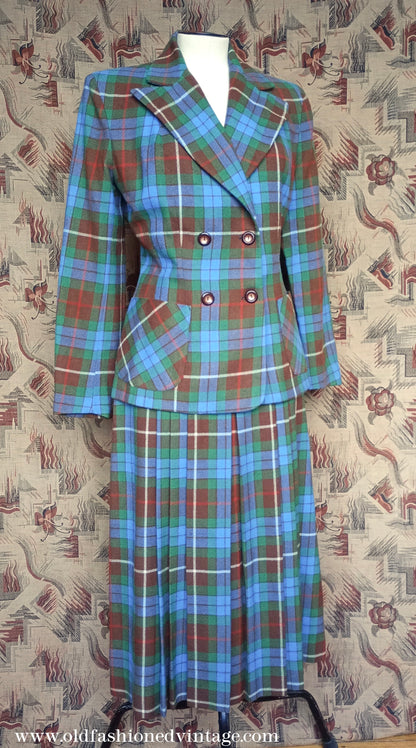 Vintage 1940s Suit Fraser Tartan Blue Green Wool Jacket Skirt UK S