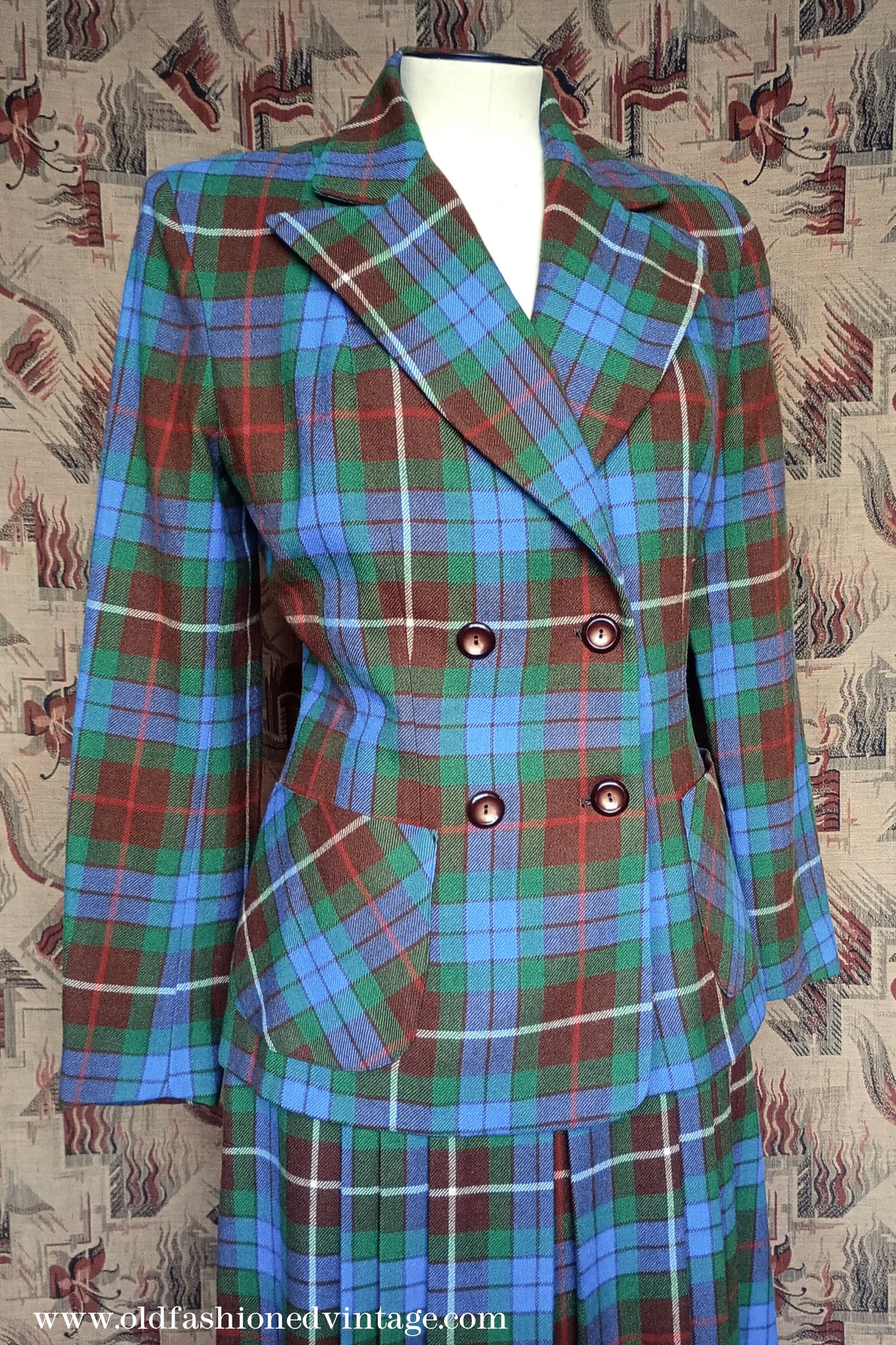 Vintage 1940s Suit Fraser Tartan Blue Green Wool Jacket Skirt UK S