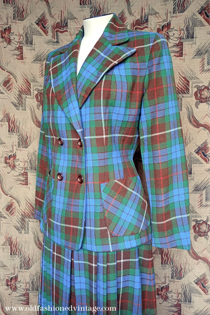 Vintage 1940s Suit Fraser Tartan Blue Green Wool Jacket Skirt UK S