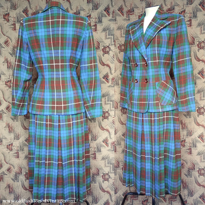 Vintage 1940s Suit Fraser Tartan Blue Green Wool Jacket Skirt UK S